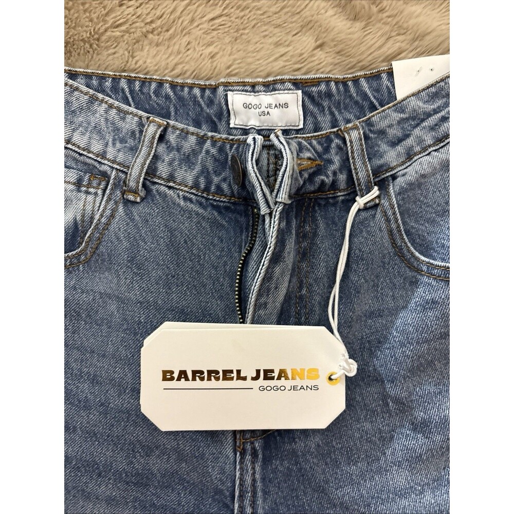 GOGO JEANS High Rise Relaxed Barrel Blue Denim Jeans with Pockets for Women
